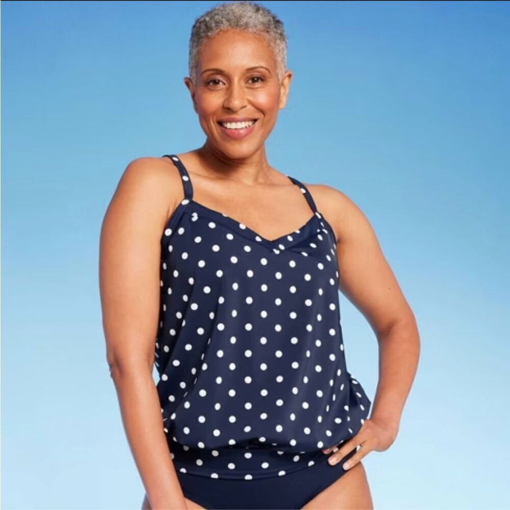 🌸 Lands End Blue and White Polka Dot Adjustable Tankini Top New